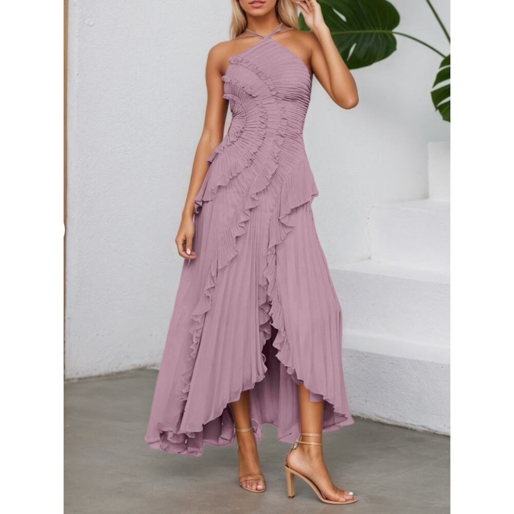XL strappy ties high neck halter dusty pink dress gown pleated ruffles slit